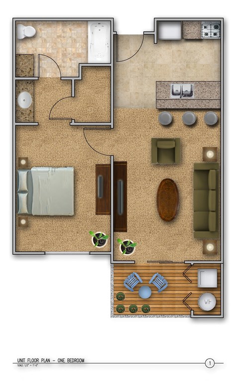 Floor plan for 1 bed, 1 bath, 598 sqft